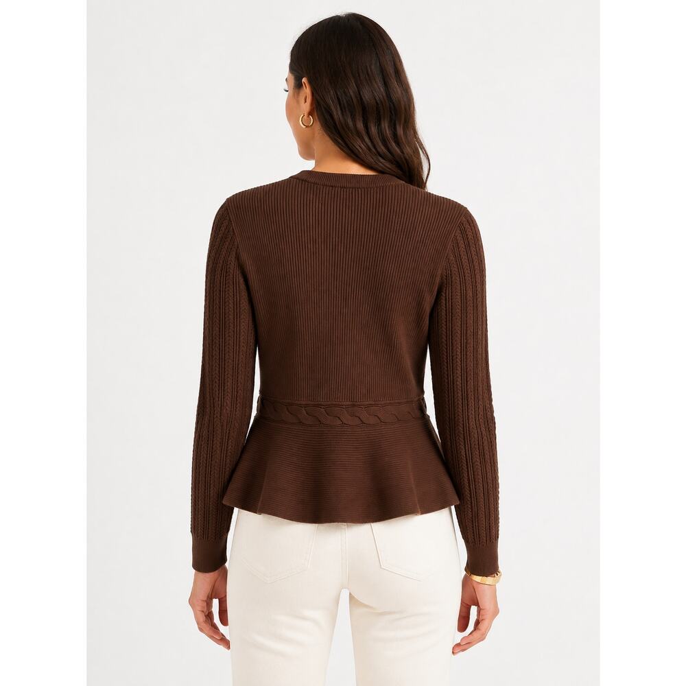 Talbots Mixed Cable Moto Sweater Knit Jacket Brown Womens Size Large Petite New - Picture 3 of 10